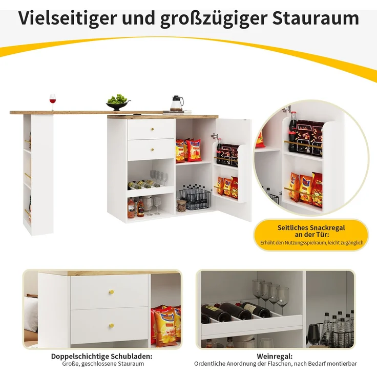 Drehbarer Bartisch (Hauptkörper 105 x 39 x 102 cm), mit 2 Schubladen und Schiebetürschrank, 3 Ebenen offener Stauraum, geeignet für Esszimmer/Arbeitszimmer/Wohnzimmer usw – Bild 9