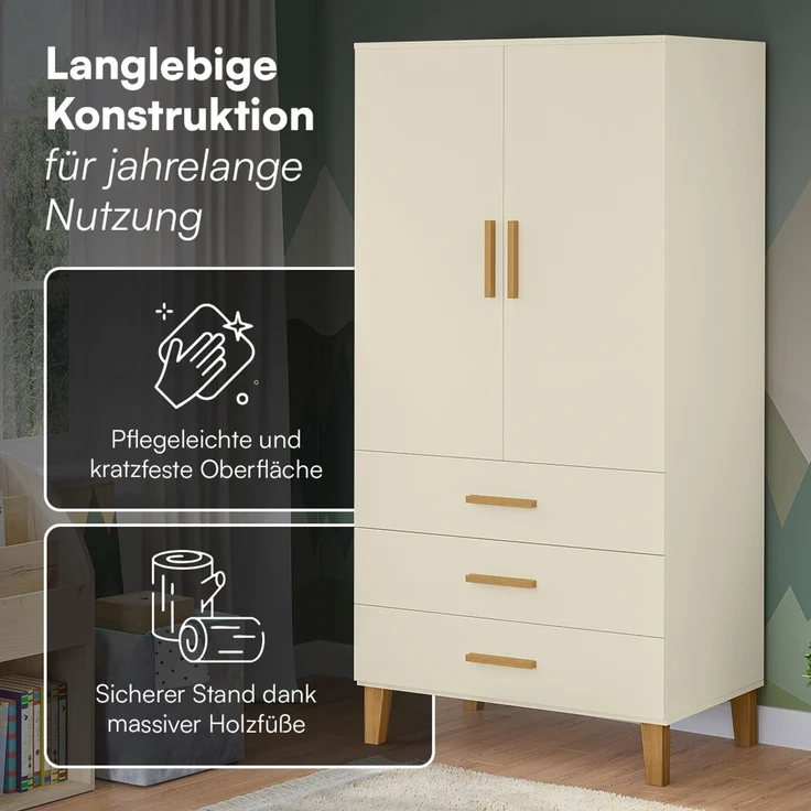Bellabino 'Liri' Kinderkleiderschrank, beige, Kleiderschrank für Kinderzimmer mit 3 Schubladen und Kleiderstange – Bild 4