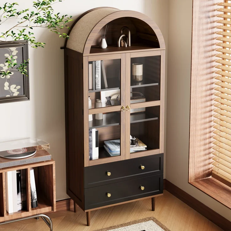 Kommode Aufbewahrungsschrank mit verstellbaren Einlegeböden,Moderner Retro-Aufbewahrungsschrank aus gewölbtem Glas,Verstellbare Regale,Luxuriöses Sideboard--Nussbaum--70x38x168cm--YOUDENOVA – Bild 6