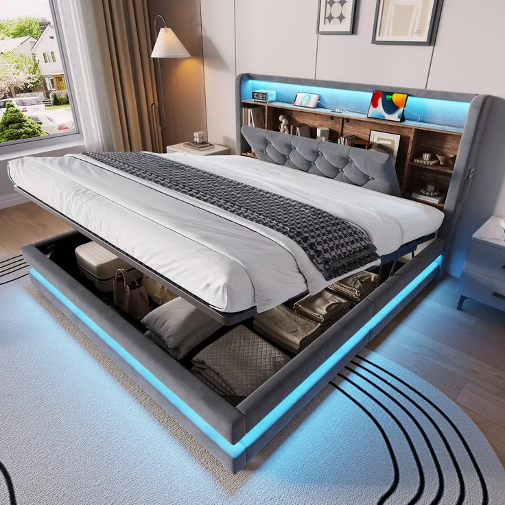 TavilaEcon Boxspringbett Samtbett, Polsterbett mit LED-Beleuchtung & USB-Ladefunktion grau Liegefläche 140 × 200 cm – Bild 1