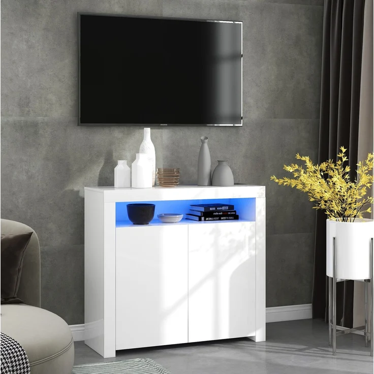 DESVIAE Sideboard mit LED-Beleuchtung und 2 Türen 108x92x40 cm Holzwerkstoff Weiß – Bild 3