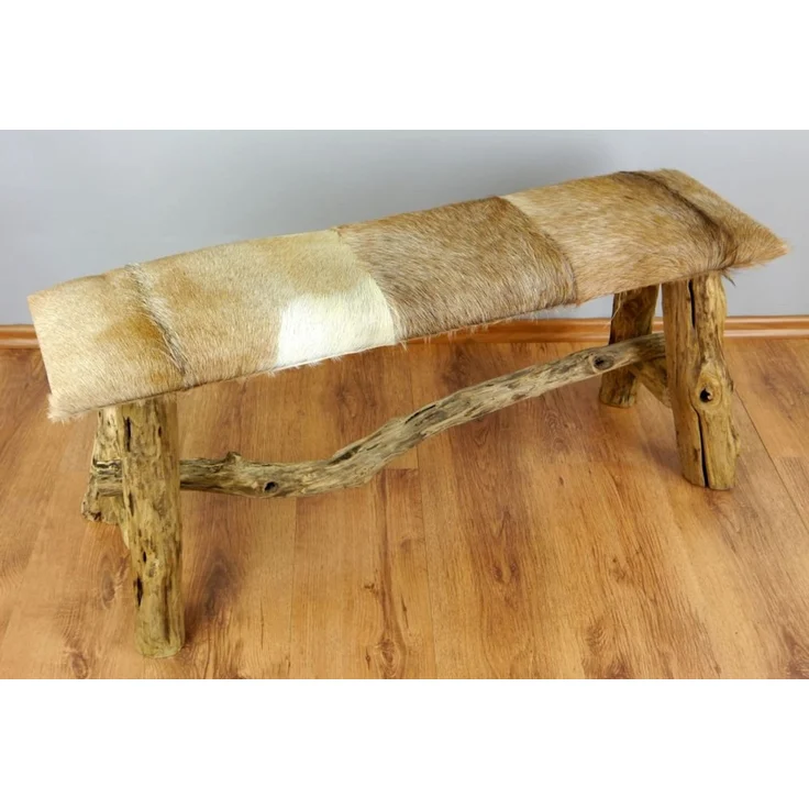 livasia Essbank Ziegenfell - 100x27x42cm - Leder und Massivholz Sitzbank aus Java, handgefertigt – Bild 2