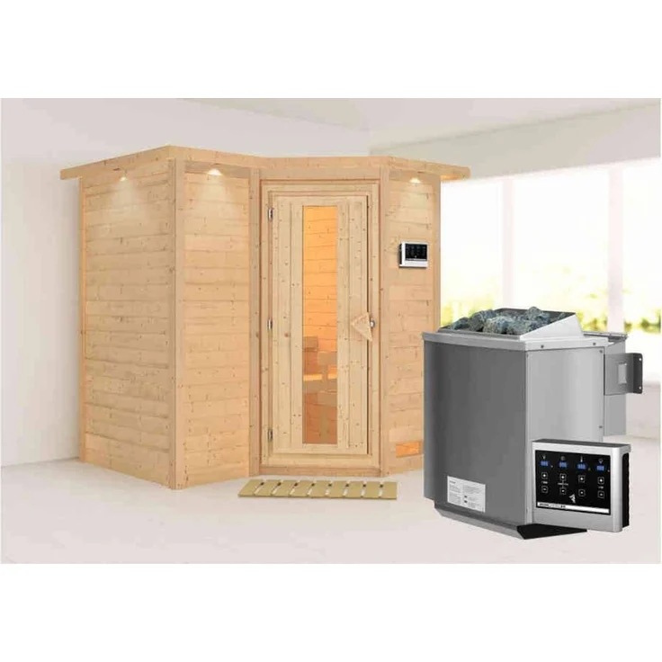 Karibu Sauna Sahib 1 mit Dachkranz + 9kW BIO-Kombiofen mit ext. Steuerung Easy Graphit-Ganzglastür – Bild 4