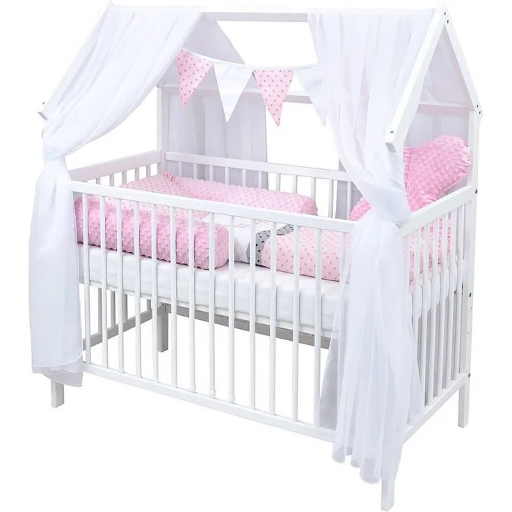 Baby-Delux Komplettbett Hausbett Babybett Schutzgitter Komplettset, 10-tlg, Kinderbett 60x120 cm weiß, Bettset verschiedene Designs
