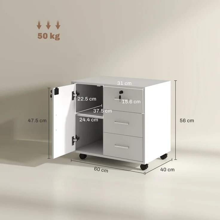 Schreibtisch-Aktenschrank mit 3 Schubladen und Schrank mit 3 verstellbaren Einlegeböden, aus Holz, 60 x 40 x 56 cm, Weiß – Bild 5