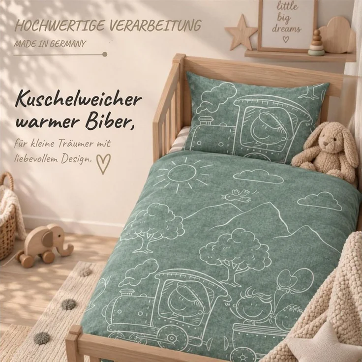 Carpe Sonno Kinderbettwäsche Biber Kinderbettwäsche Lokomotive aus 100% Baumwolle, Biber, 2 teilig, MADE IN GERMANY - Babybettwäsche 100x135 - 100% Baumwolle - Grün – Bild 2