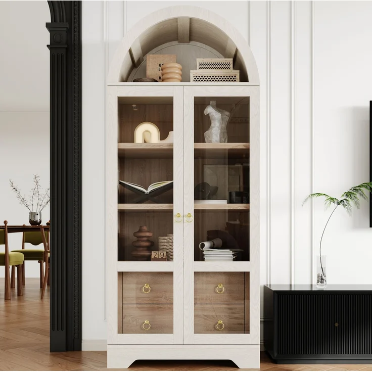 Highboard 76,2x40,1x180 cm mit Glastüren, verstellbaren Regalböden und Schubladen – Weiß – Bild 1