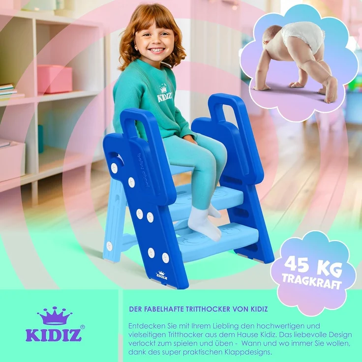 KIDIZ® Tritthocker für Kinder Trittleiter Klappbar mit 3 Stufen | Faltbarer Lern-Turm ab 18 Monaten bis 6 Jahren | Robust | Sicherer & Stabiler Trittschemel | Höhenverstellbar Rutschfest Blau / Hellblau – Bild 3