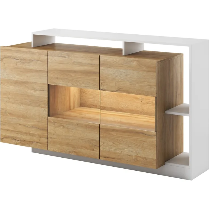 Kommode Alva Sideboard 155x44x93,5cm weiß Grand Eiche mit LED Beleuchtung