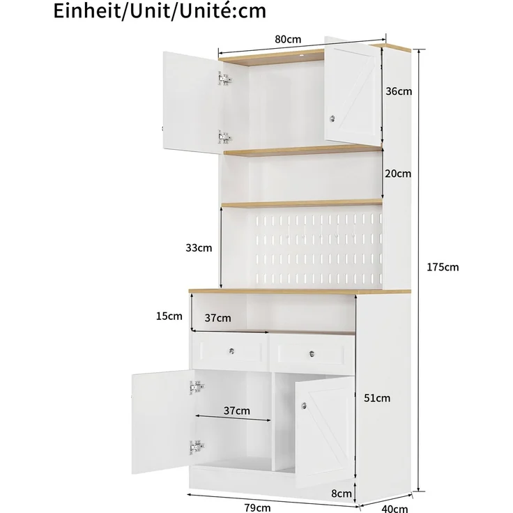 Stilvoller weißer Esszimmer Sideboard mit 2 Schubladen und 4 Türen – Elegantes Buffet für Küche, Esszimmer & Wohnzimmer mit Silber Griffen und großzügigem Stauraum--Weiß--80x40x175cm--YOUDENOVA – Bild 3