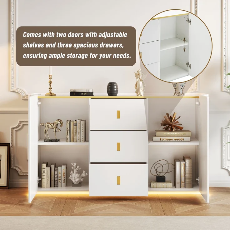 Sideboard 150 x 35 x 80 cm aus Spanplatte in Weiß mit 3 Schubladen, 2 Türen und LED-Beleuchtung – Bild 8