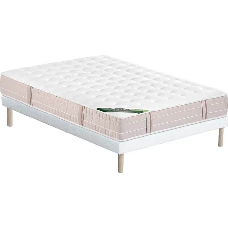 NATUREA - VIREVO - Matratze und Bettgestell mit Lattenrost und Stoffbezug - Holz, Platte - Holz - Weiß - 200 x 160 x 31 cm