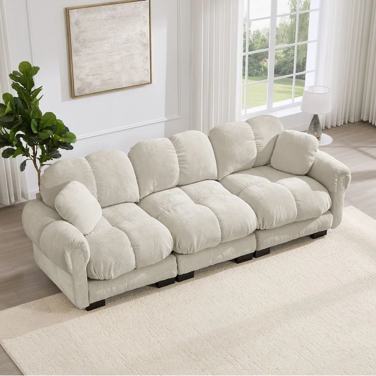 DESVIAE Sofa 3-Sitzer mit Steppnähten 260x86x90 cm Chenille Hellkhaki – Bild 3