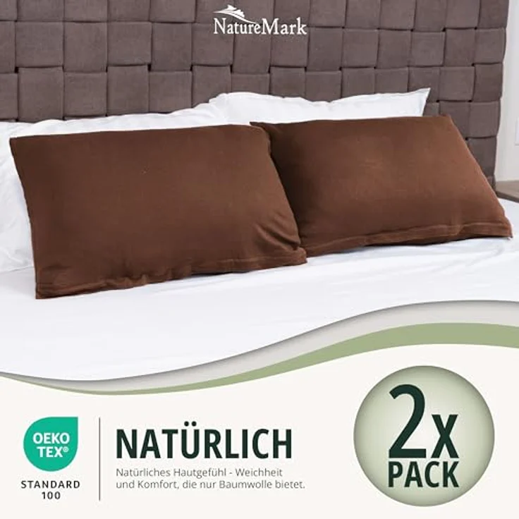 NatureMark 2er Pack Jersey Kissenbezug Kissenhülle Kissenbezüge Seitenschläferkissen Nackenkissen viele Größen und Farben ÖKO-TEX (40x60 cm (Nackenkissen geeignet), Schoko braun) – Bild 7