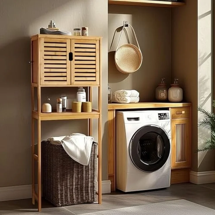 VEVOR Toilettenschrank Badezimmerschrank mit Doppeltür & verstellbarem Regal, platzsparender 3-stöckiger Badschrank über der Toilette mit offenem Regal, 65 x 27 x 175 cm Aufbewahrungsschrank Natur – Bild 2