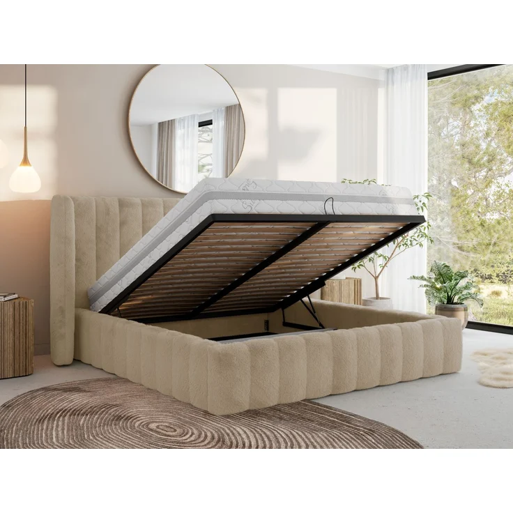 Polsterbett GOLETTA CLASSIC 200 x 200 cm mit gepolstertem Kopfteil, stabilem Bettrahmen, Lattenrost und Bettkasten mit Gasdruckfedern, Doppelbett, zeitloses Design Pocket Matratze - Creme Plüsch - VIRE LUX – Bild 3