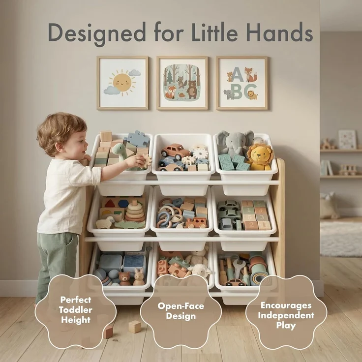 Humble Crew stilvolles Kinderregal aus Holz, Natur/Weiß! 9 Boxen für Spielzeug, ideal für Kinderzimmer. Ordnung mit Charme schaffen – Bild 3