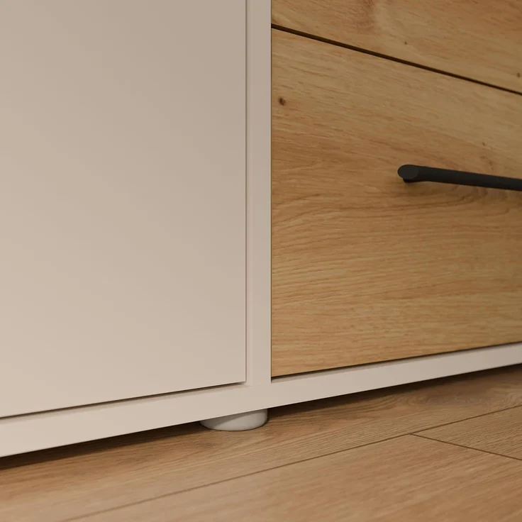 MOKKARIS Drehtürenschrank Taupe Wildeiche 3 Türen 2 Schubkästen Kleiderschrank für Schlafzimmer – Moderner Stauraum in zeitlosem Design. – Bild 14