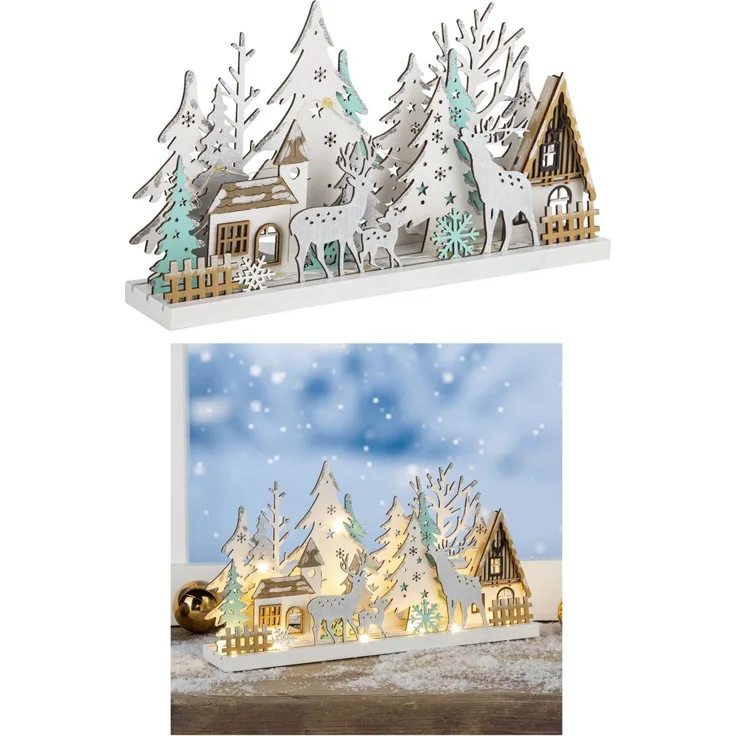 Winterkulisse Holz Silhouette mit 15 Warm-Weißen LED´s 30cm 54902