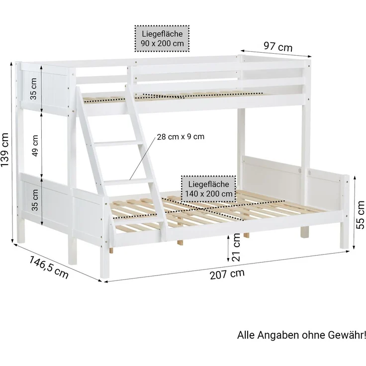 Kinderbett Etagenbett 90x200 und 140x200 Jugendbett Hochbett Weiß Holz inklusive Matratzen – Bild 3