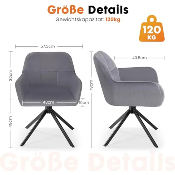 Sweetcrispy Esszimmerstuhl 2er Set, 360° Drehstuhl Esszimmer, Küchenstuhl, Samt Schminktisch Stuhl, bis 120 kg belastbar, Sessel mit Armlehnen Stahlbeine, Schreibtischstuhl für Arbeitszimmer, Grau – Bild 4