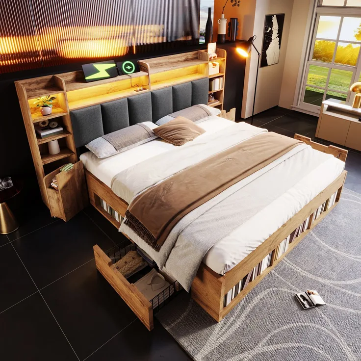 Merax 180x200 cm Doppelbett, Polsterkopfteil mit LED-Beleuchtung, Nachttische mit USB- und Type-C-Anschlüssen, Stauraum und Rollschubladen, Lattenrost aus Holz, Eichefarbe