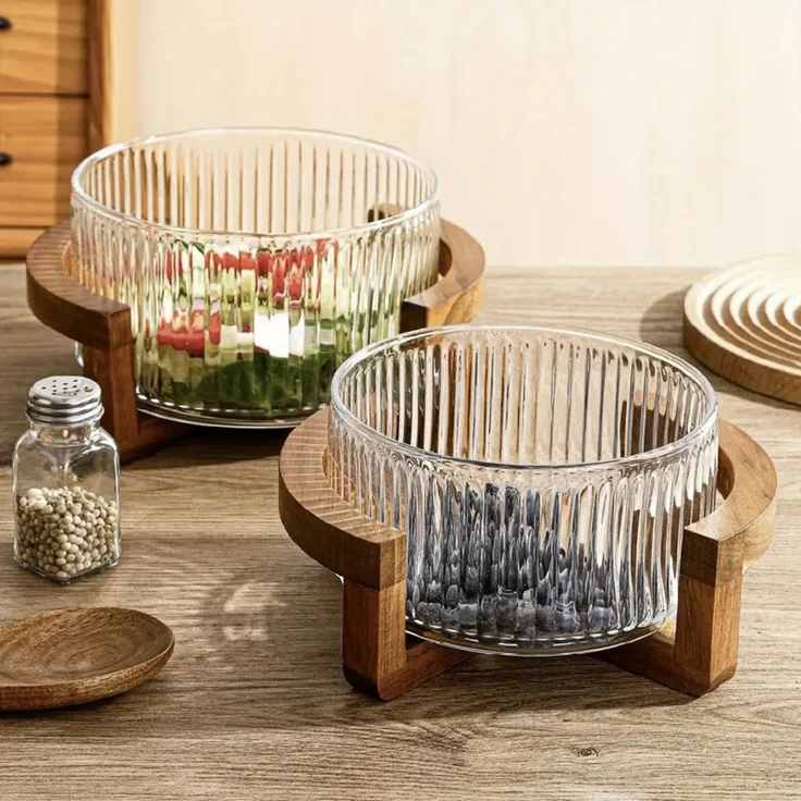 Terra Vetro Grande Glasschale mit Holzgestell ø28 x 21 cm, Relief-Design – Bild 5