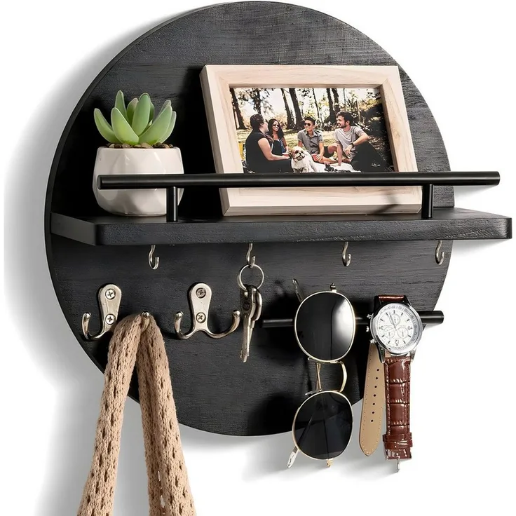 HEYHIPPO Schlüsselbrett Rundes Wandregal mit Ablage, Haken&Schutzbügel, für Flur&Bad, schwarz, (Schlüsselhalter aus Holz mit Postablage – Wandmontage, platzsparend), Wand-Organizer, 11.8x3.5 cm, 9 kg Traglast, für Schlüssel & Post
