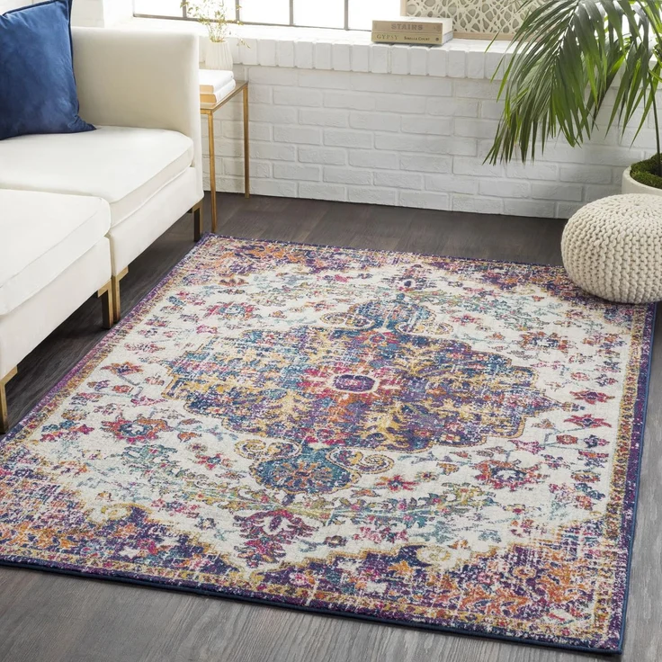 Livabliss Asmara Vintage Teppich groß - Teppich Wohnzimmer 160x220 cm, Esszimmer, Schlafzimmer, Orientalischer Teppiche Boho Style - Carpet Living Room, Bunter Muster, Weinrot und Blau