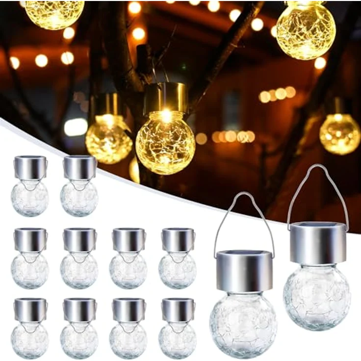 GIGALUMI 12 Stück Solar-Außenleuchten, Solar-Hängeleuchten für Weihnachtsdekoration, rissiges Glas, Solarleuchten für den Außenbereich, wasserdicht für Garten, Hof, Zaun, Baum (warmweiß) – Bild 1