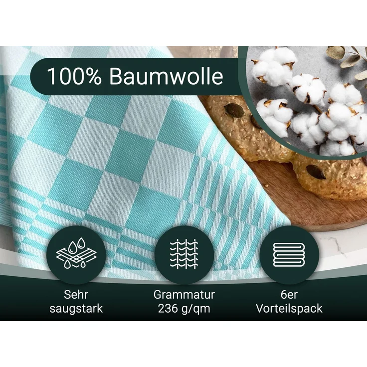ZOLLNER 6er Set Geschirrtücher, 65x65 cm, 100% Baumwolle, mint kariert – Bild 2