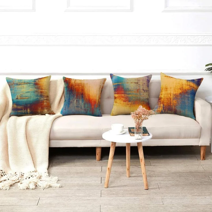 Kissenbezüge 40×40 cm 4er-Set Abstrakte Kunst Blau/Orange, Modern Sofa/Bett Deko – Bild 6