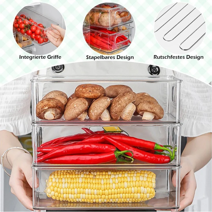 TUWENA Aufbewahrungsbox Kühlschrank Organizer Set mit Griff, Stapelbare Aufbewahrungsbox, Aufbewahrung Boxen für Küchen, Schränke, Gefrierschrank - BPA Frei – Bild 3