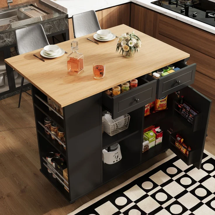 Merax Kücheninsel mit herausnehmbaren Trennwänden, Küchenschrank, Esszimmerwagen mit Arbeitsplatte, Buffetschrank, Esszimmerwagen mit Holzmaserung, ausgestattet mit Snackhalter und Weinglasregal, schwarz – Bild 3