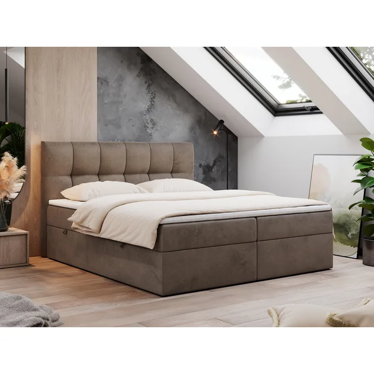 Boxspringbett mit Kopfteil und Topper, Doppelbett - RICO - 200x200cm - Braun Velours - H3