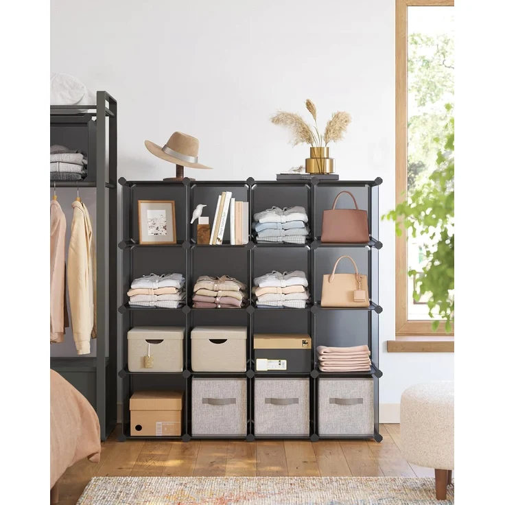 Songmics Schuhregal, Regalsystem, Steckregal, Set aus 16 Würfeln, DIY Regal, stapelbar, aus PP-Kunststoff, als Garderobe, für Schlafzimmer, Büro, 31 x 123 x 123 cm, grau LPC442G01 – Bild 2