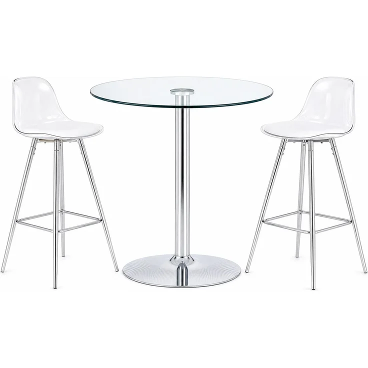 Esstisch-Set mit rundem Glastisch 92x89x89 cm und 2 Barhockern, Silber/Transparent – Bild 4