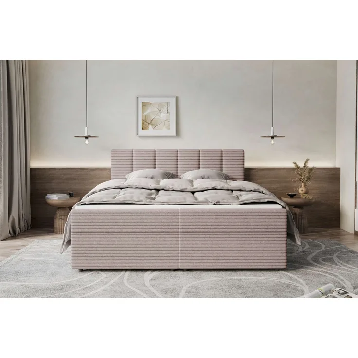 99rooms Boxspringbett Bergamo, 200x200 cm, Cordstoff AMBIENCE mit Topper, modern und ohne Bettkasten