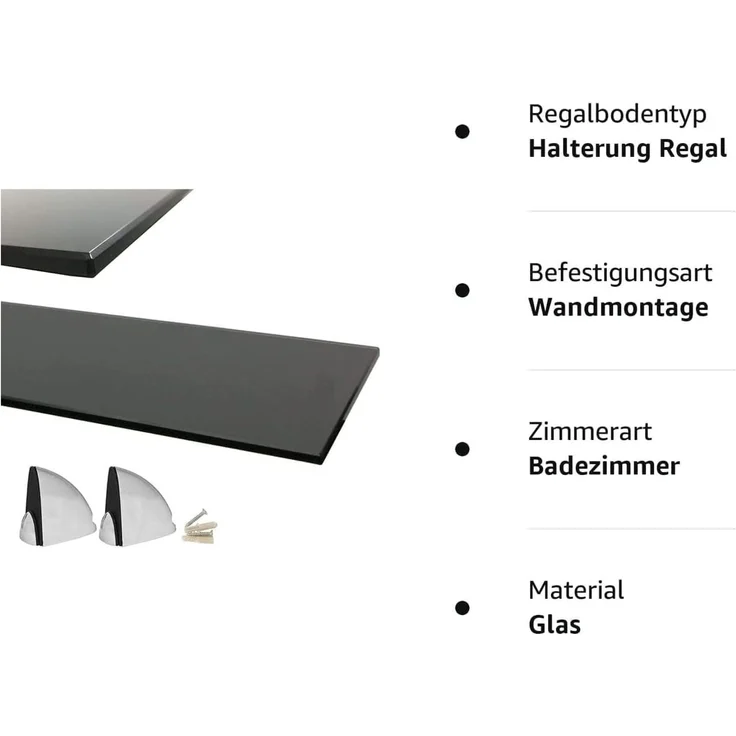 HOOZ Wandregal aus Sicherheitsglas mit Halterung - Schwarz - 80 x 18 x 0,6 cm, 1-tlg, mit geschliffenen Kanten – Bild 6