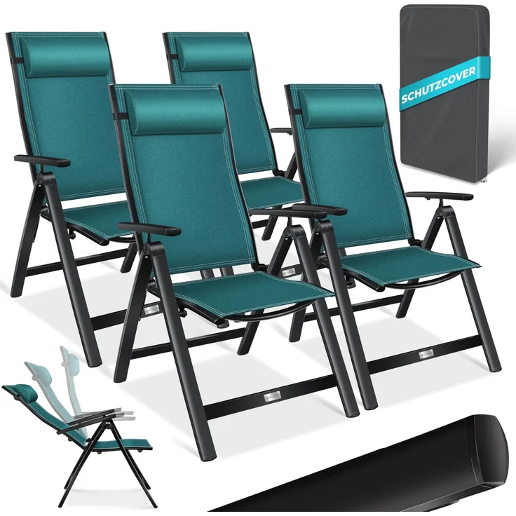 KESSER® Gartenstuhl Hochlehner mit Armlehnen | Aluminium Klappstuhl inkl. Kopfkissen Campingstuhl 7-Fach Verstellbar Rückenlehne | Atmungsaktiv & Wetterfest | Klappbar & Anti-Rutsch 4 Stück, Petrol Grün