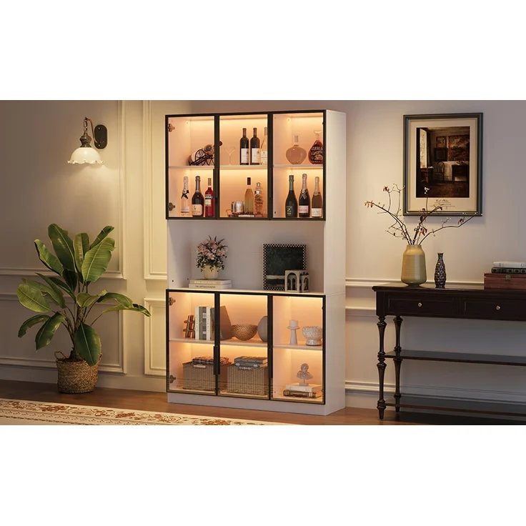 120*34*200cm Vitrine, Standvitrine mit 6 Schranktüren, Freilagerbereich, Hochschrank, Glasvitrine mit LED, Wohnzimmerschrank 120 cm breit, Multifunktionsschrank, Großer Schrank, Weiß--Weiß--120x34x200cm--YOUDENOVA – Bild 6