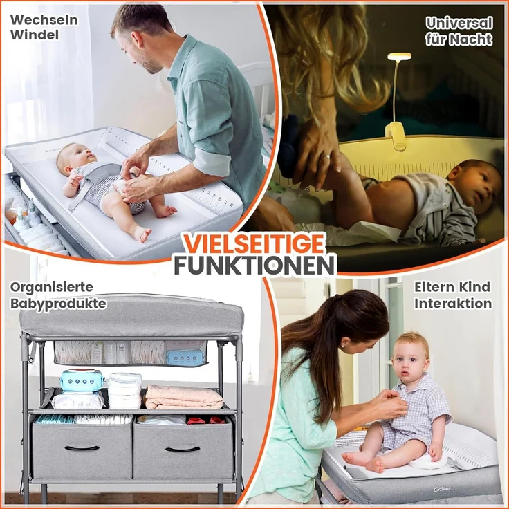Orzbow Tragbarkeit Baby Wickelkommode mit Schubladen und Nachtlicht, Höhenverstellbare Mobiler Baby Wickeltisch Klappbar mit Sicherheitsgurt, Geräumiger Stauraum Baby Changing Table, Grau – Bild 6