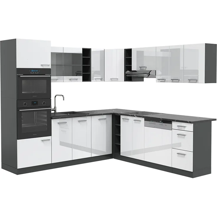 Eckküche R-Line Weiß Hochglanz/Anthrazit 247 x 237 cm ohne Arbeitsplatte Vicco