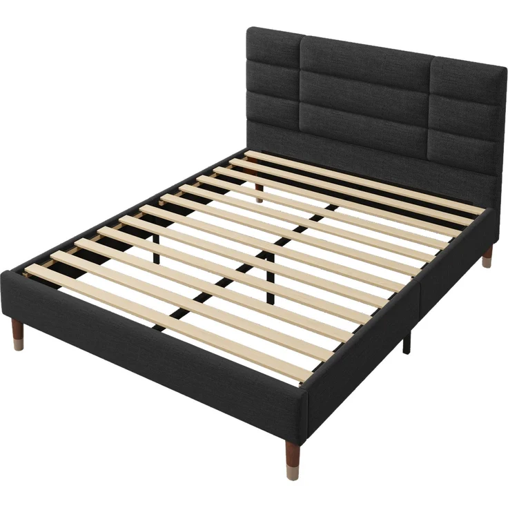 Polsterbett 140x200 cm Doppelbett mit Lattenrost und Kopfteil, Leinenbezug in Schwarz, für Erwachsene & Jugendliche – Bild 6