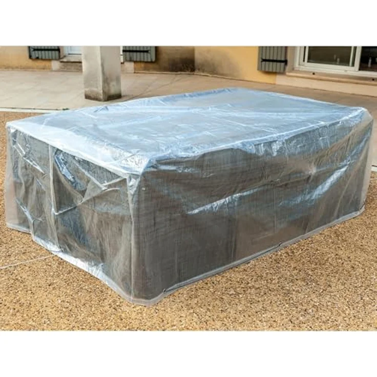WERKA PRO Tischhülle 310x150x80cm, wasserdichte Gartenmöbel-Schutzhülle mit UV-Schutz und Kordelzug, transparent – Bild 1