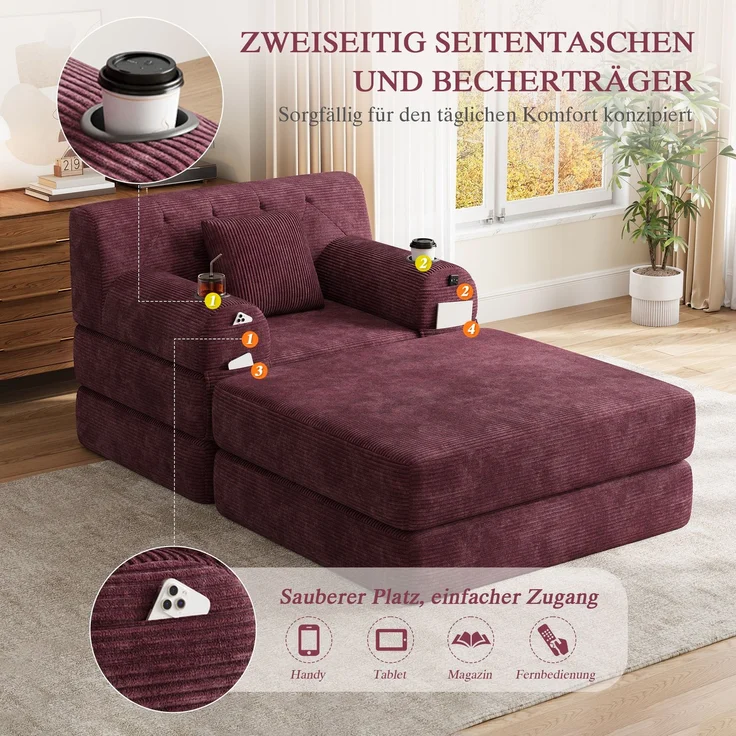 ZUBALIYA Schlafsofa 162x81 cm, mit Stauraum, mit Samtbezug, mit Cordbezug, mit Knopfheftung, mit breiten Armlehnen, Rot – Bild 8