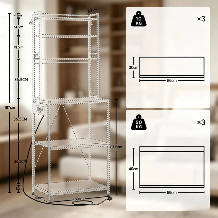 Coffee Bar Station,Küchenregal mit Steckdosen,Küchenkomode,Mini Küche Arbeitsstation,Display-Regal--Rustikales Braun--40x60x167cm--YOUDENOVA – Bild 4