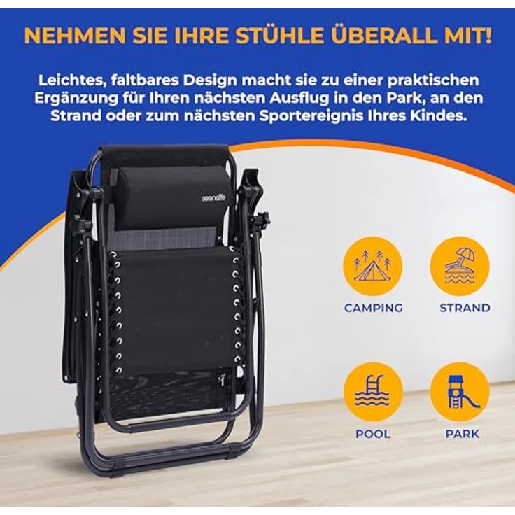 SereneLife Liegestuhl, Gartenliege Klappbar, Strandliege, Sonnenstuhl als Gartenbett mit atmungsaktivem Textil, Verstellbar zum Liegen für Garten & Camping mit Seitentisch, Kopfkissen & Getränkehalter – Bild 6