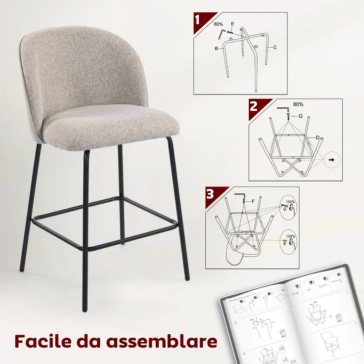 Set mit 2 Barhockern mit Rückenlehne und Fußstütze, Stoffbezug und Stahlbeinen, grau – Bild 9