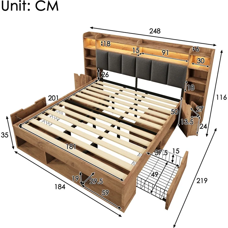 Merax 180x200 cm Doppelbett, Polsterkopfteil mit LED-Beleuchtung, Nachttische mit USB- und Type-C-Anschlüssen, Stauraum und Rollschubladen, Lattenrost aus Holz, Eichefarbe – Bild 4